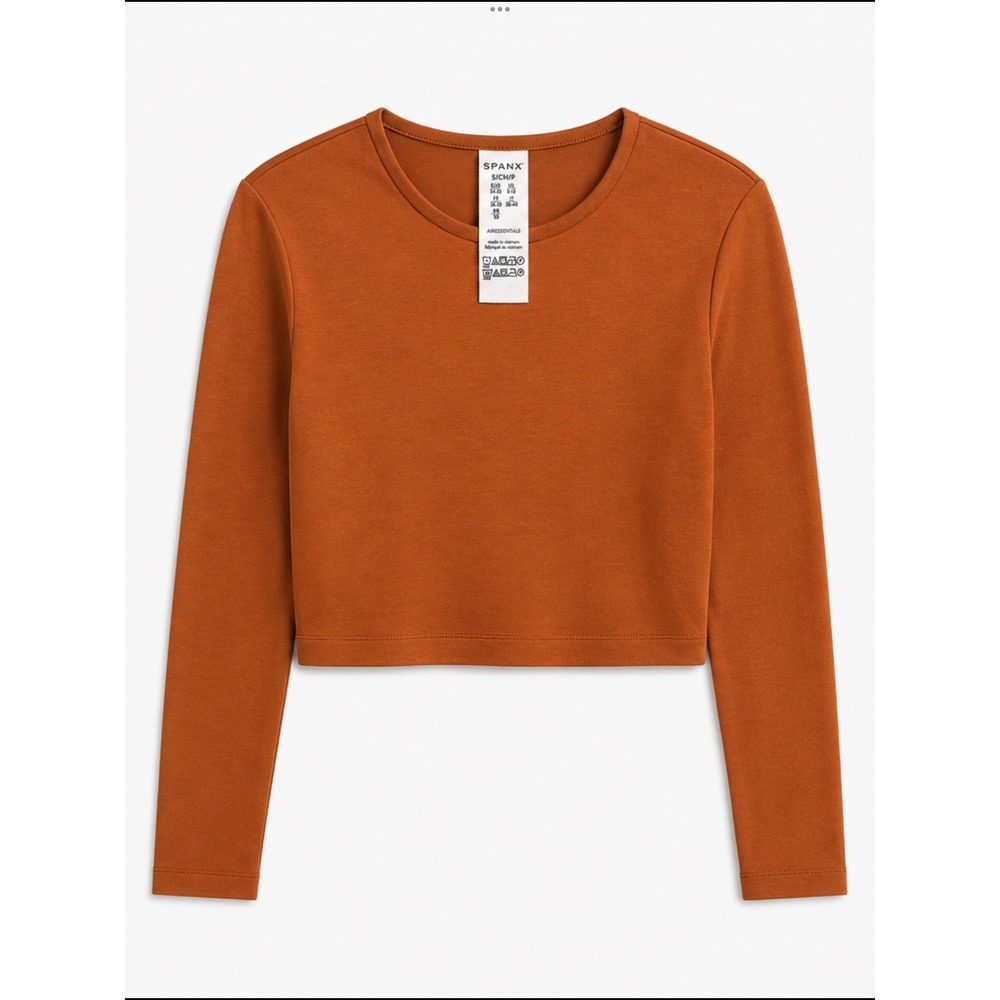 Spanx AirEssentials Long Sleeve Cropped Crew Neck Top Terracotta Orange Small